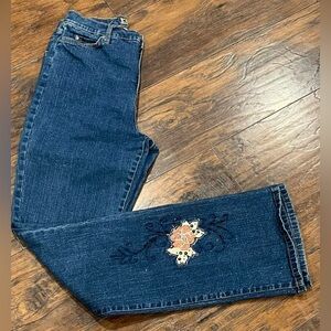 Floral Embroidered Boot Cut Jeans in Dark Blue